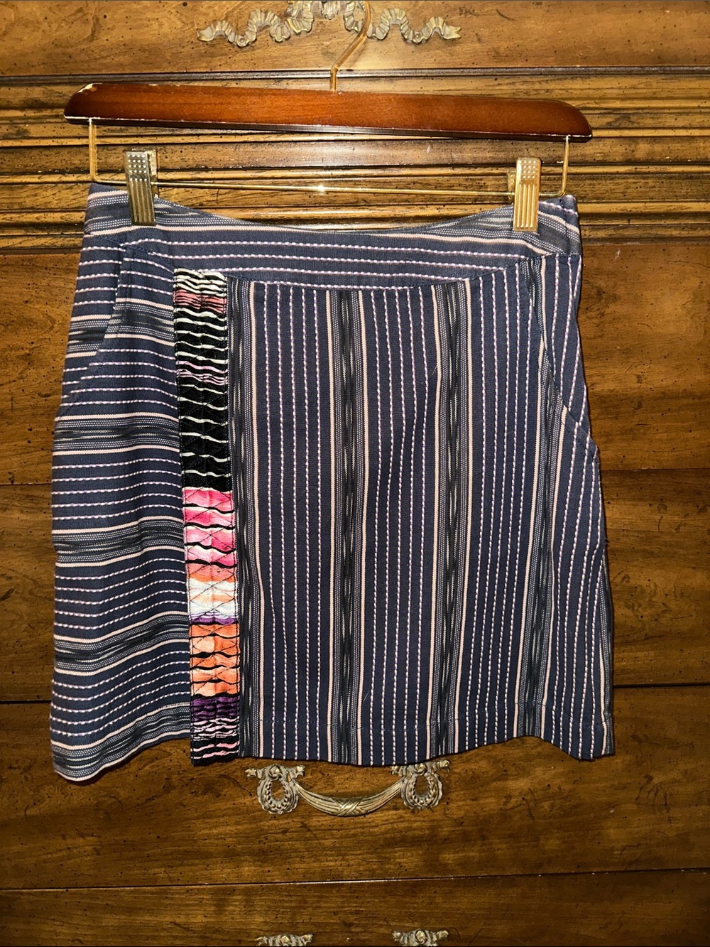 Free People Navy Blue Striped Mini Skirt with Colorful Side Panel